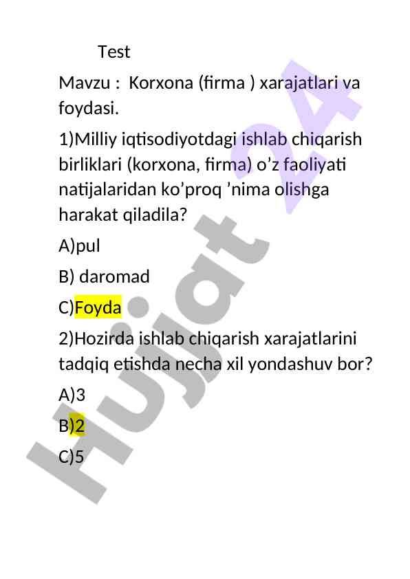 Korxona xarajatlari va foydasi testi