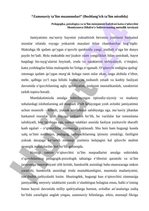 Zamonaviy ta’lim muammolari va yoshlarning rivoji