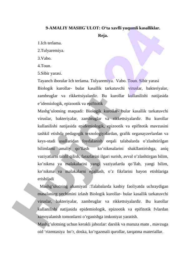 O‘ta xavfli yuqumli kasalliklar bo‘yicha amaliy mashg‘ulot