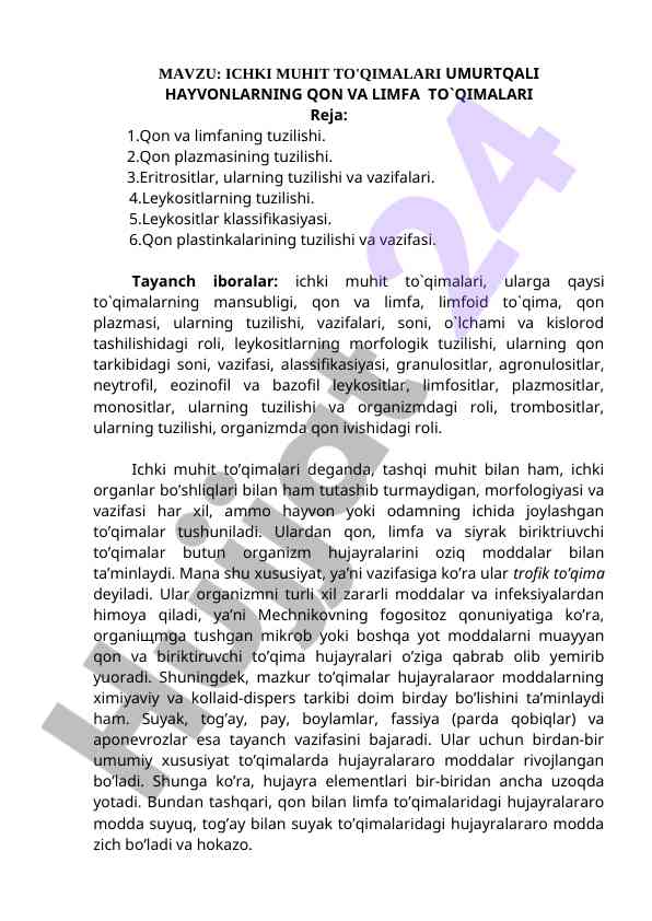 Ichki muhit to'qimalari umurtqali hayvonlarda