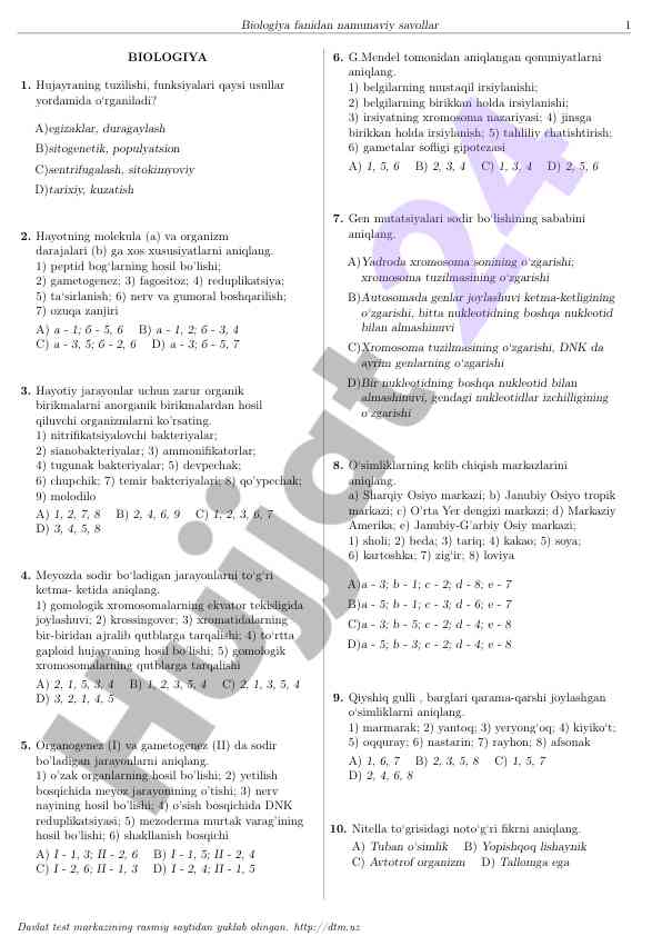 Biologiya fanidan namunaviy savollar
