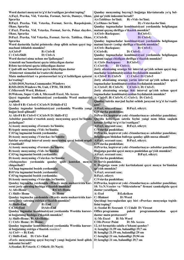 Word dasturi bo'yicha test savollari