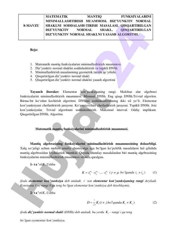 Matematik mantiq funksiyalarini minimallashtirish