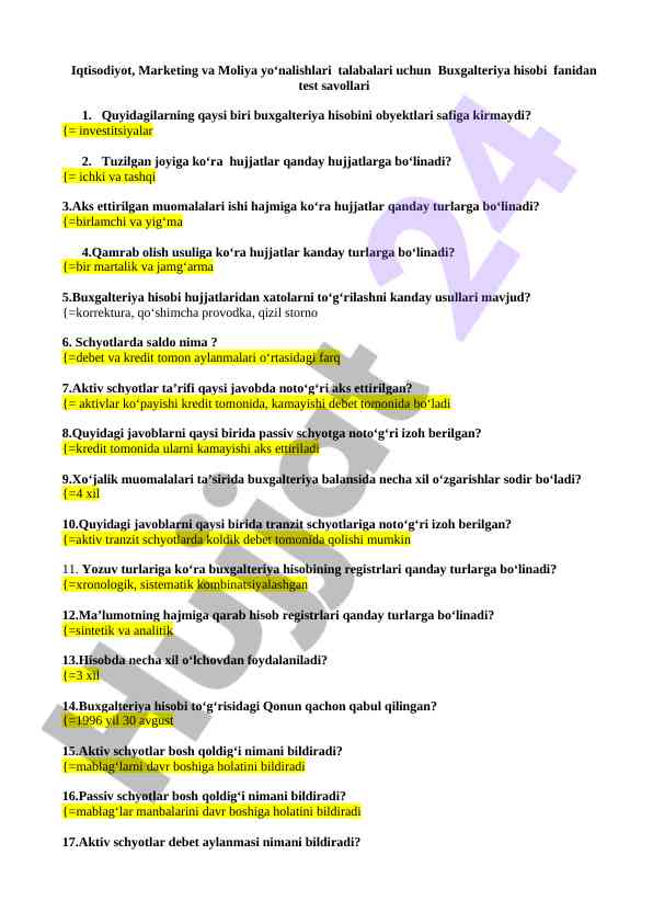 Buxgalteriya hisobi fanidan test savollari