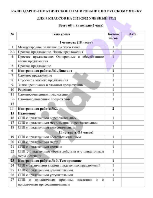 Kalendarno-tematicheskoye planirovanie po russkomu yazyku