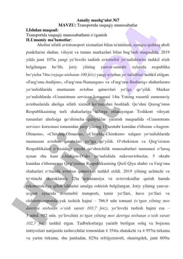 Transportda xuquqiy munosabatlar, amaliy mashg‘ulot №7