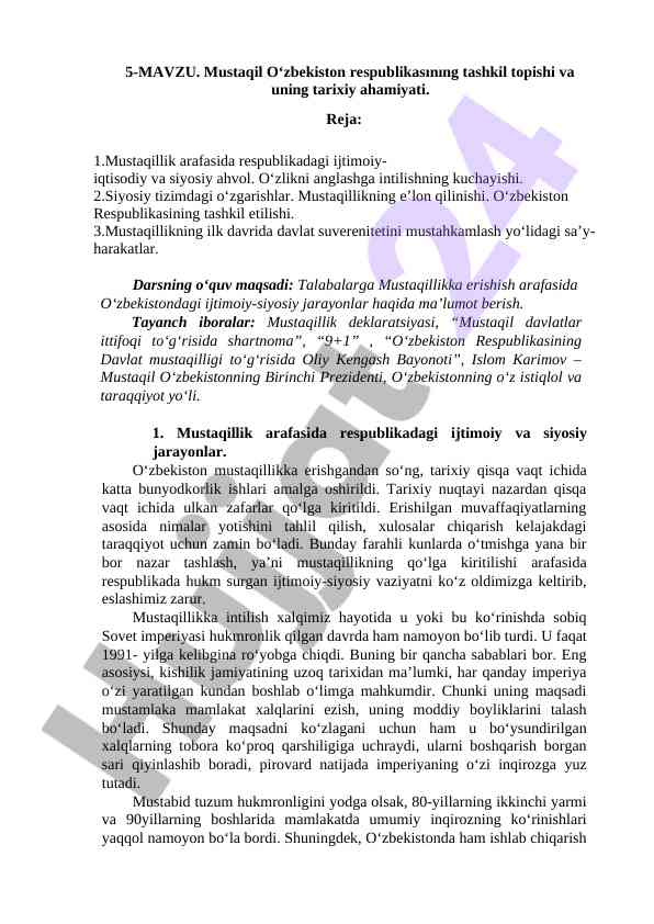 Mustaqil o‘zbekiston tarixi va siyosiy jarayonlar