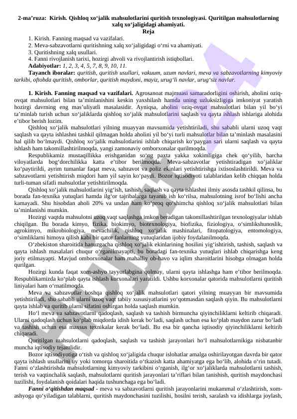 Qishloq xo‘jalik mahsulotlarini quritish texnologiyasi