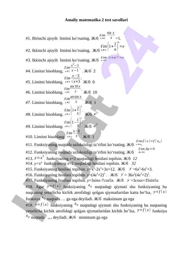 Amaliy matematika 2 test savollari