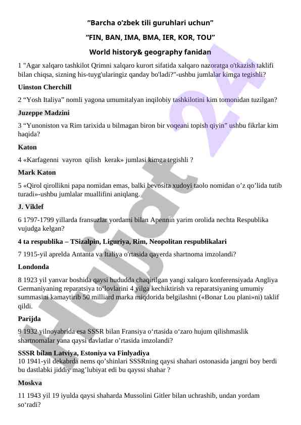 World history questions for uzbek language groups