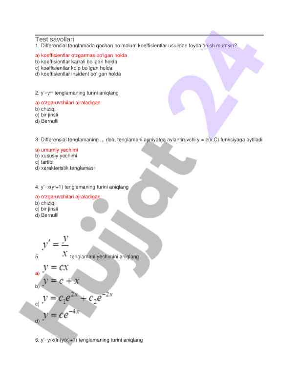 Differensial tenglamalar bo‘yicha test savollari