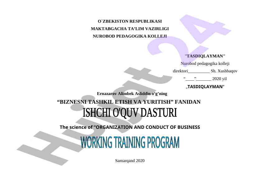 Biznesni tashkil etish va yuritish fanidan o’quv dasturi