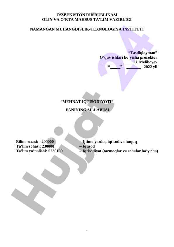 Mehnat iqtisodiyoti fanining sillabusi 2022