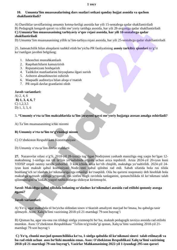 Umumta’lim dars soatlari va pr faoliyatlari test