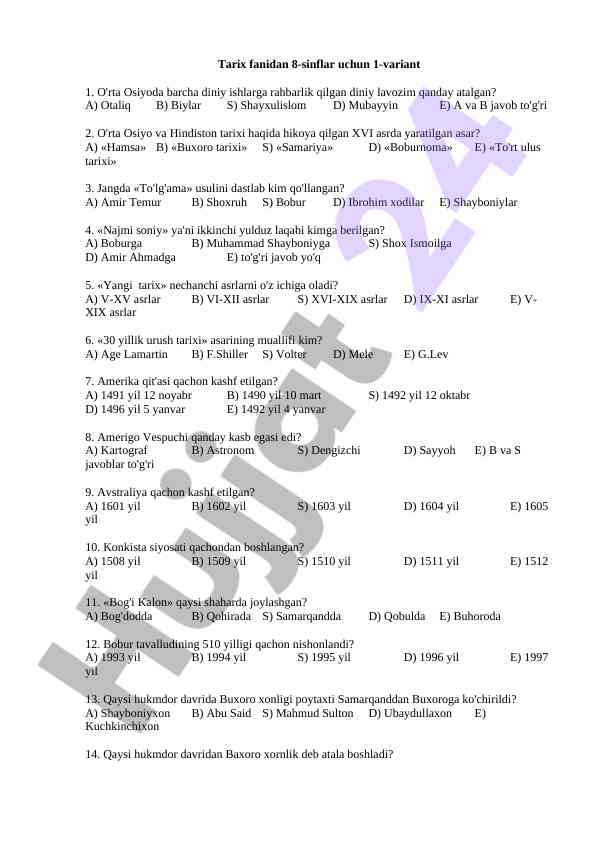 Tarix fanidan 8-sinflar uchun test savollari