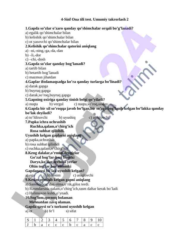 4-sinf ona tili test umumiy takrorlash