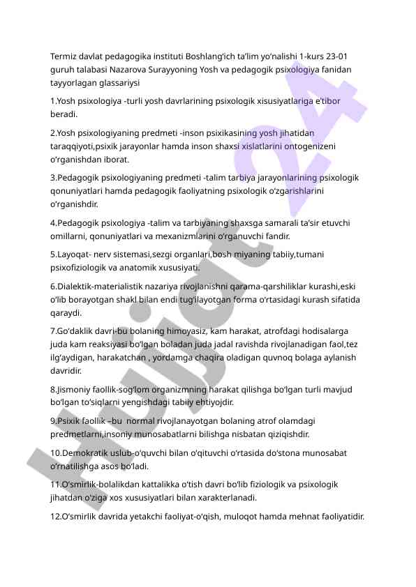 Yosh va pedagogik psixologiya viyasalari