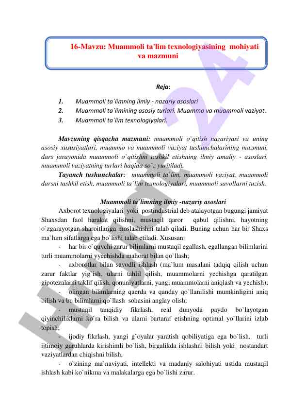 Muammoli ta'limning ilmiy-nazariy asoslari