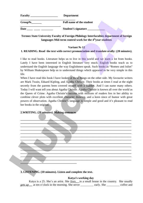 Mid-term control work in english literature