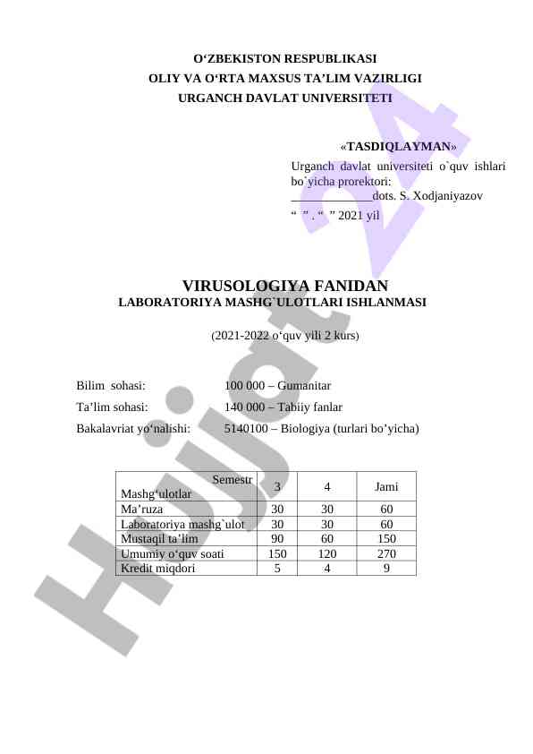 Virusologiya fanidan laboratoriya mashg‘ulotlari