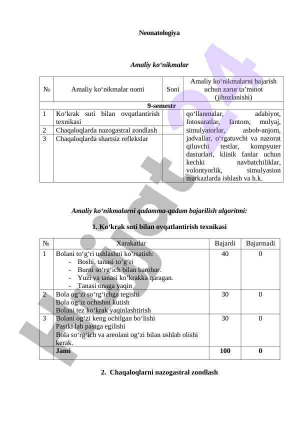 Neonatologiya amaliy ko‘nikmalar bajarilish algoritmi