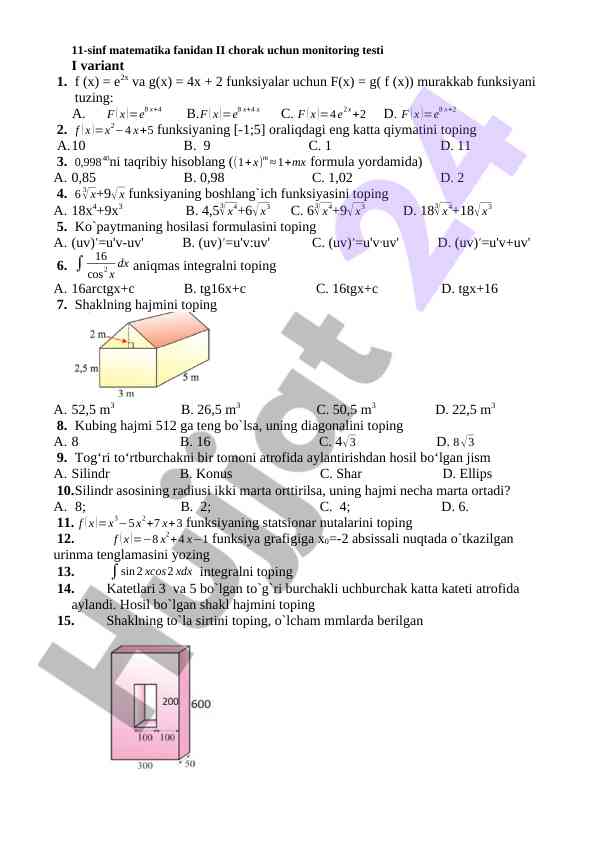 Matematika fanidan monitoring testi ii chorak