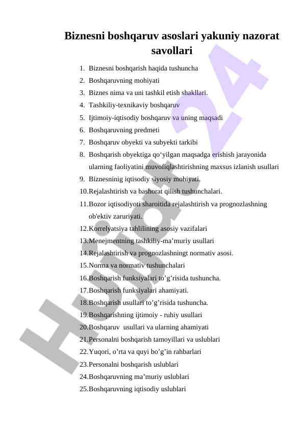 Biznesni boshqaruv asoslari yaqin nazorat savollari