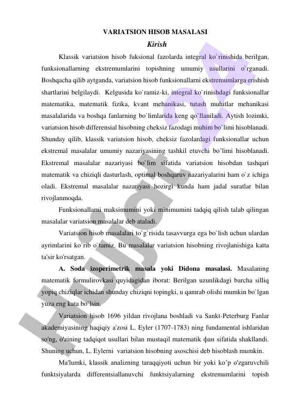 Variatsion hisob masalasi va ekstremal masalalar
