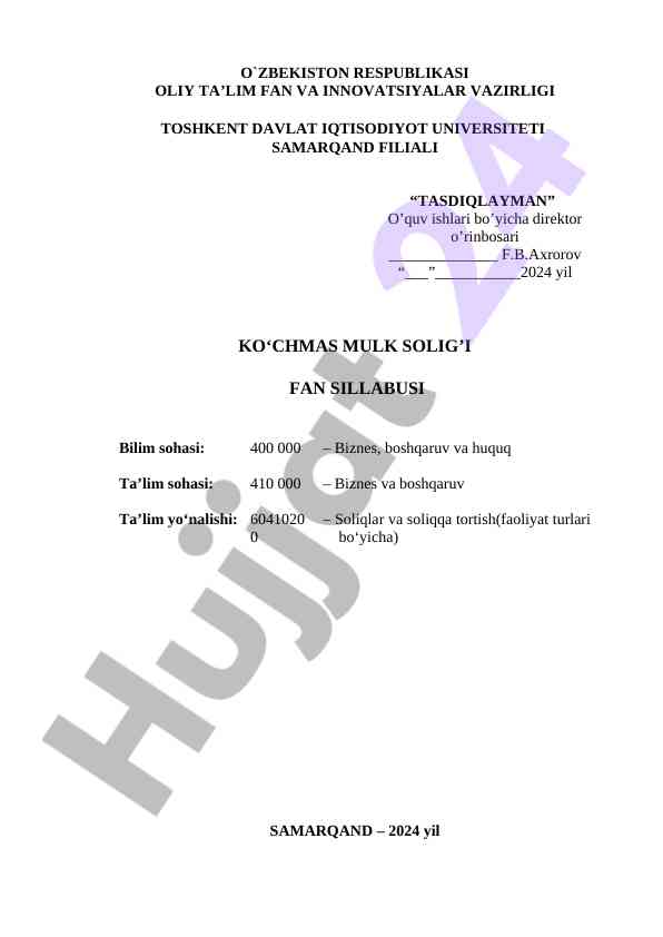 Ko'chmas mulk solig'i fan sillabusi