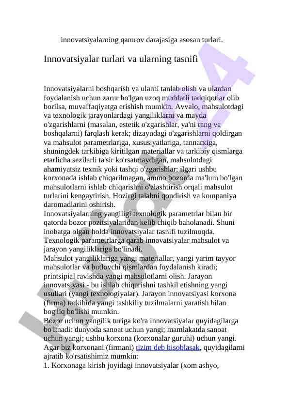 Innovatsiyalar turlari va ularning tasnifi