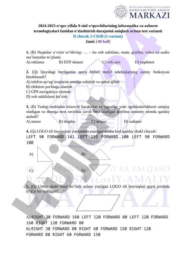 Informatika va axborot texnologiyalari test varianti