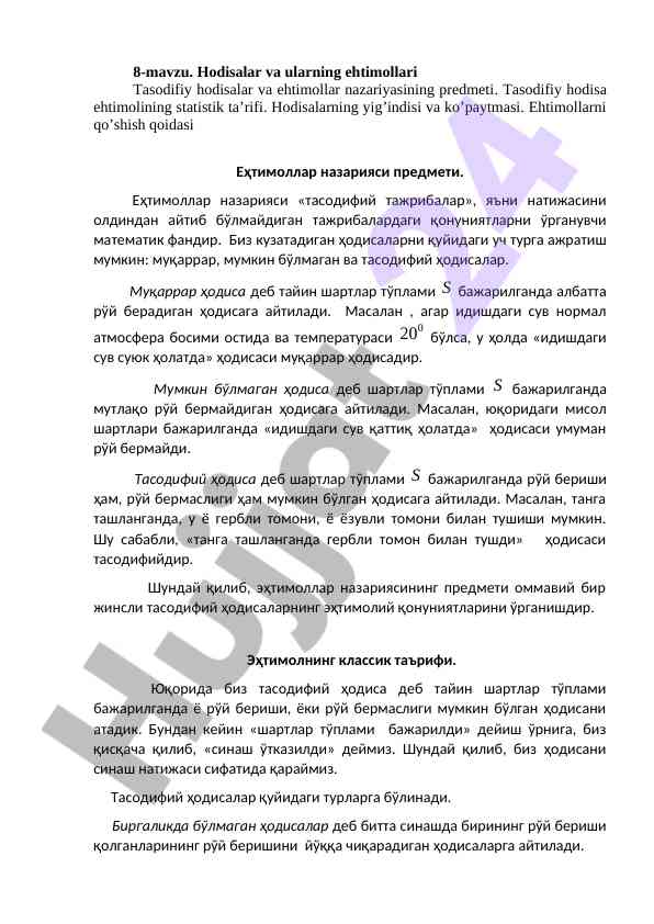 Hodisalar va ularning ehtimollari