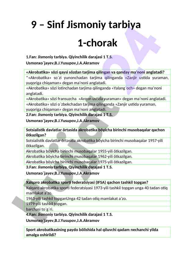 9-sinf jismoniy tarbiya 1-chorak fan dasturi