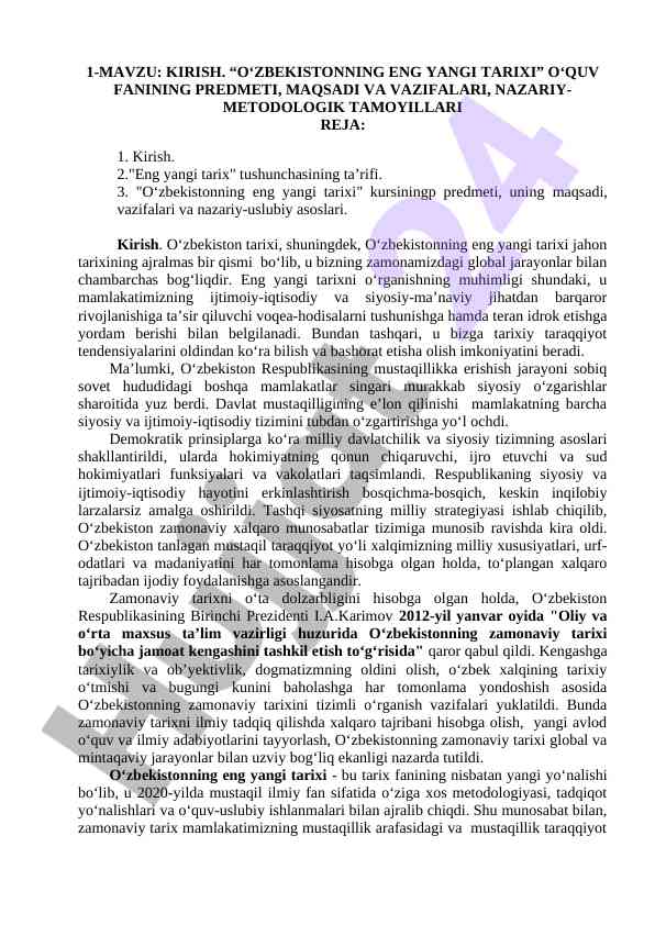 O‘zbekistonning eng yangi tarixi o‘qitish va tahlil