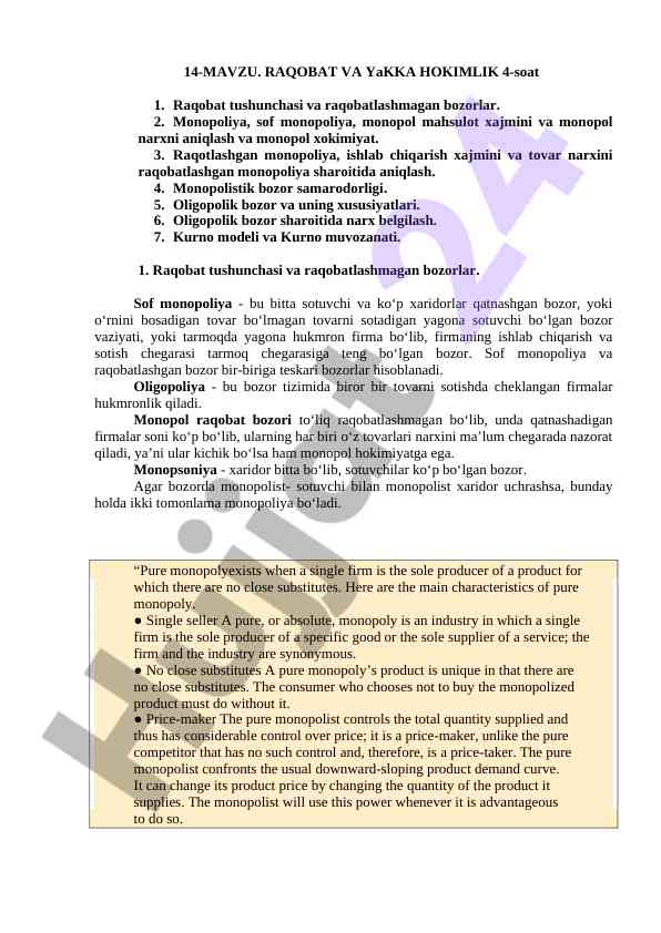 Raqobat va yakka hokimlik bohidalari tahlili