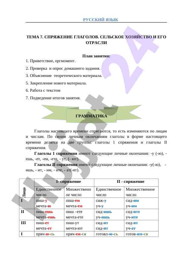 Русский язык тема 7 спряжение глаголов