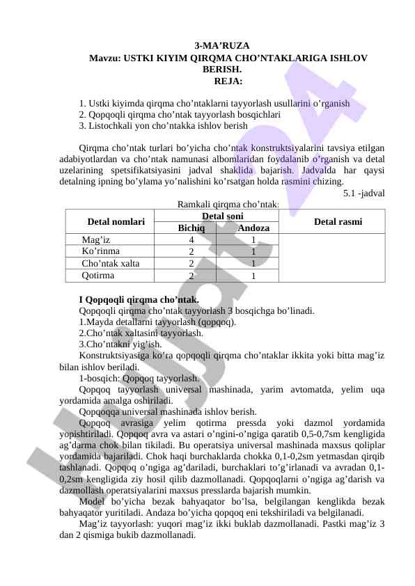 Ustki kiyim qirqma cho’ntaklarini ishlov berish