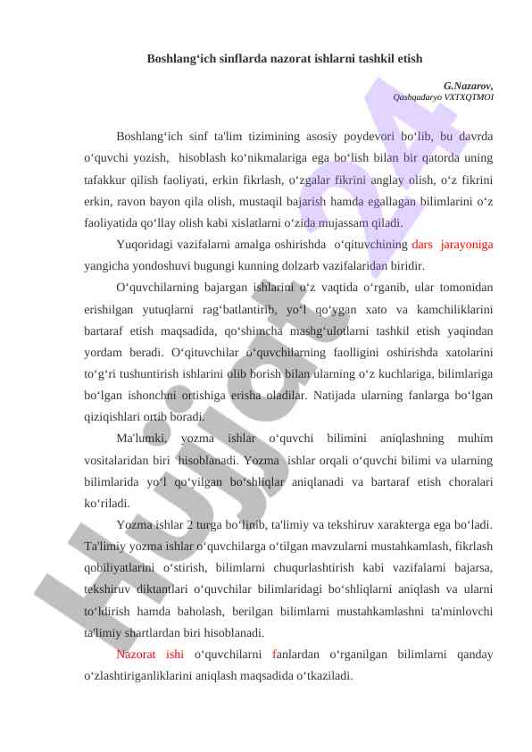 Boshlang‘ich sinflarda nazorat ishlarini tashkil etish