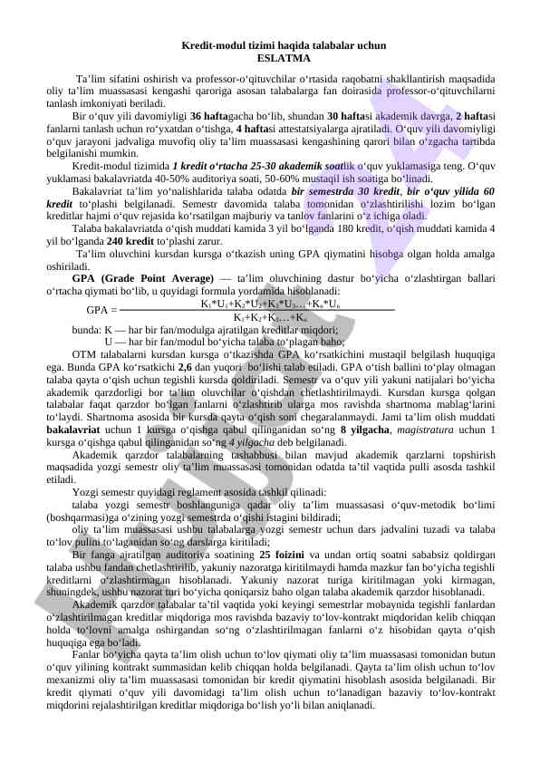 Kredit-modul tizimi haqida talabalar uchun eslatma