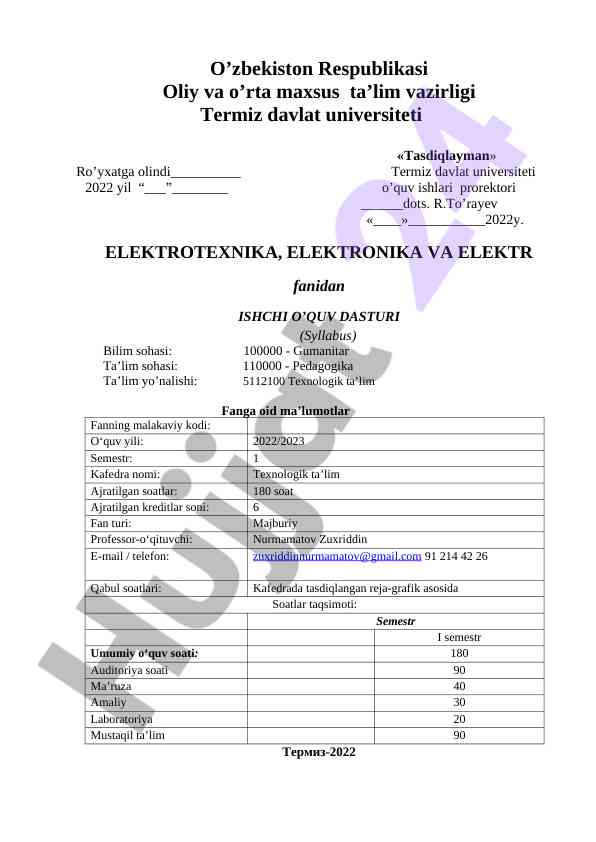 Elektrotehnika elektronika va elektr kursi syllabi