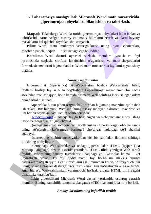Microsoft wordda gipermurojaat ob'ektlari bilan ishlash