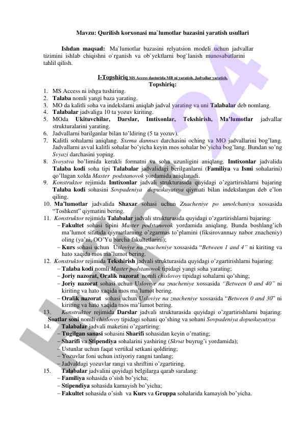 Qurilish korxonasi ma'lumotlar bazasi yaratish
