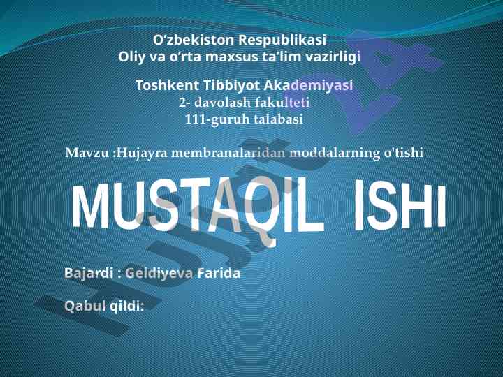 Hujayra membranalaridan moddalarning o’tishi tahlili