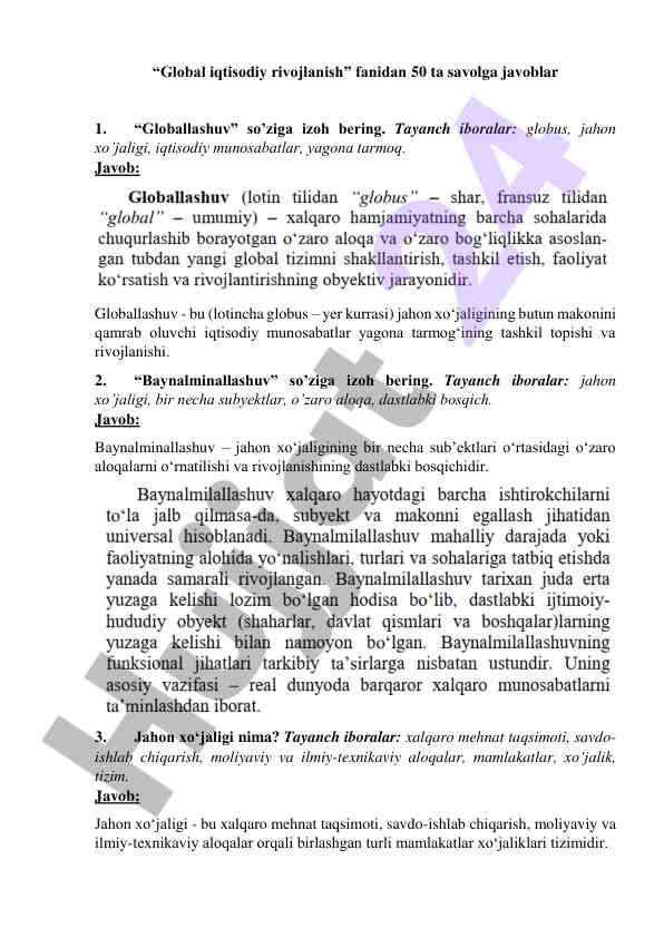 Global iqtisodiy rivojlanish savollari javoblari