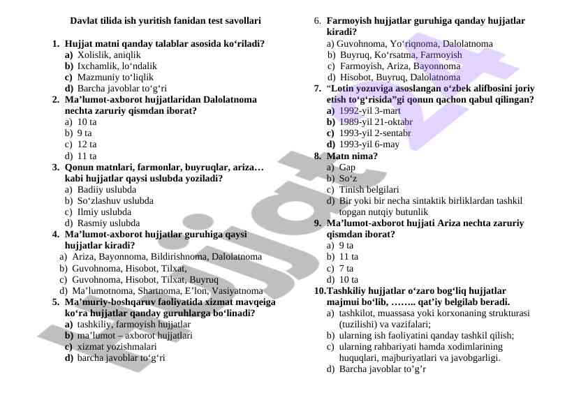 Davlat tilida ish yuritish test savollari