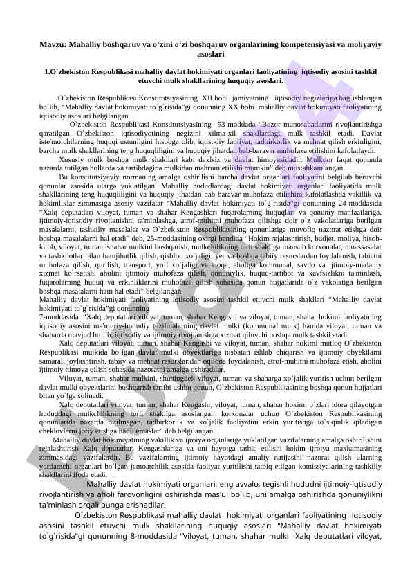 Mahalliy boshqaruv va o‘zini o‘zi boshqaruv organlarining asoslari