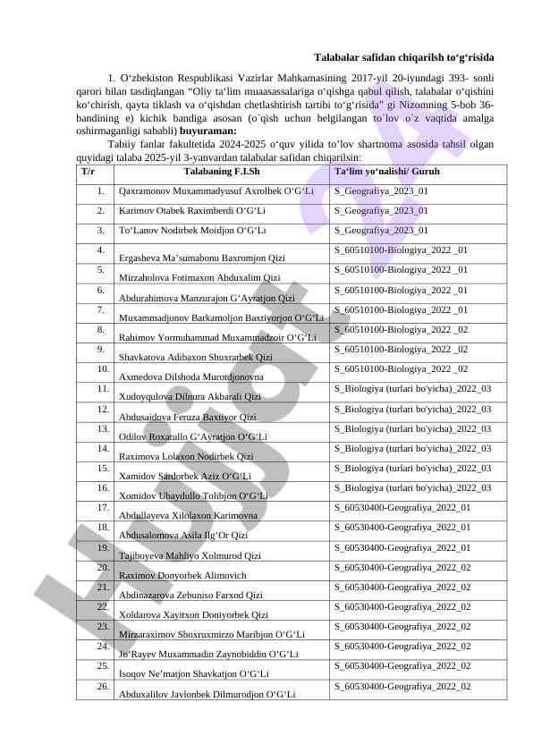 Talabalar safidan chiqish tartibi masalalari