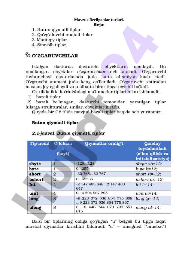 Berilganlar turlari va o'zgaruvchilar