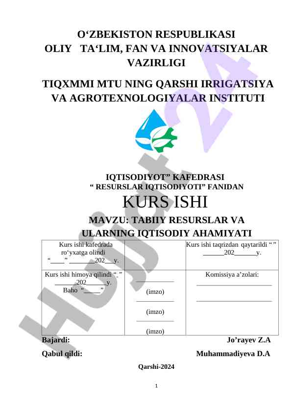 Tabiiy resurslar va ularning iqtisodiy ahmiyati