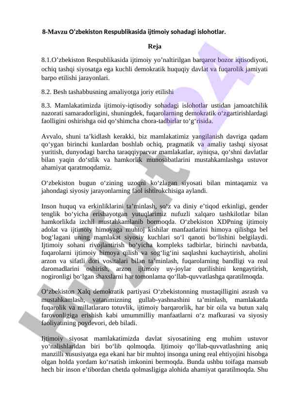 O‘zbekiston ijtimoiy soha islohotlari va barqarorlik